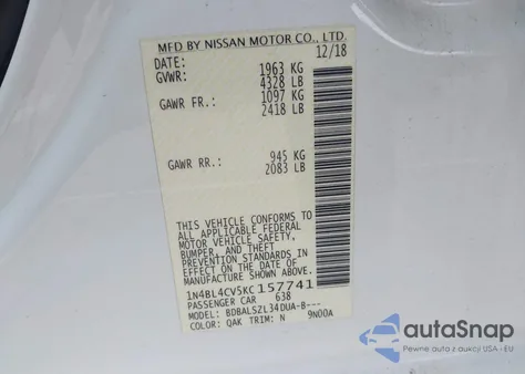 2019 Nissan Altima 2.5 Sr z USA, uszkodzony, nr VIN 1N4BL4CV5KC157741